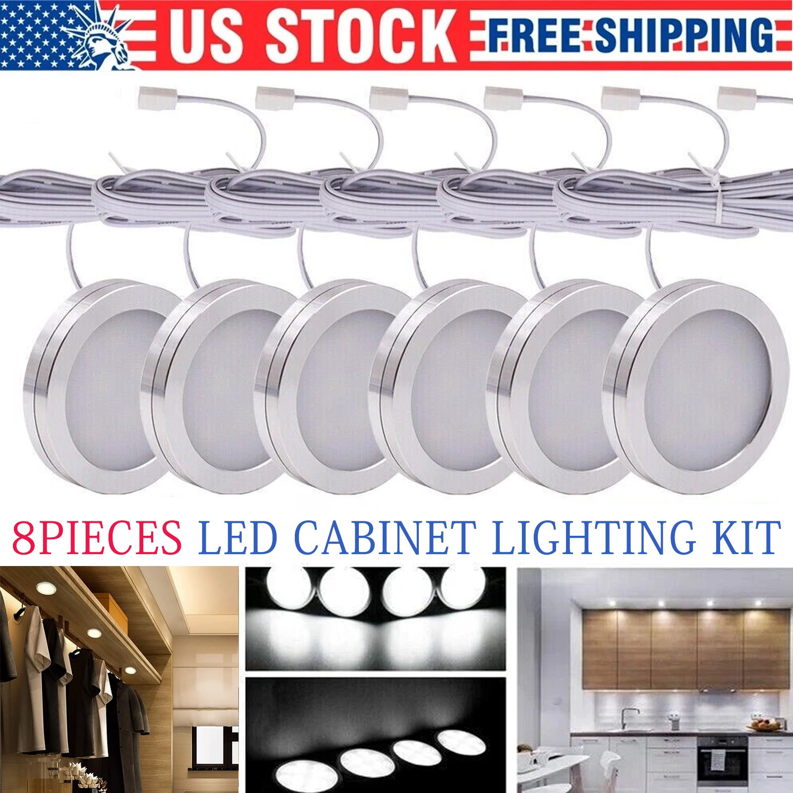 LED Under Cabinet Lighting Kit Kitchen Counter Closet Shelf Puck Light Hardwired gallery