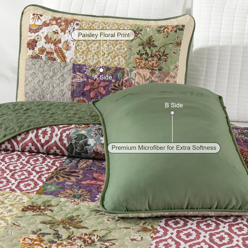 Patchwork Quilt Set King Size, Bohemian Floral Bedspread Green & Beige Coverlet gallery