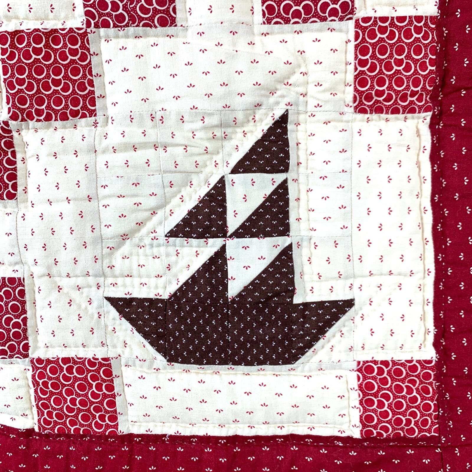 Hand Quilted Red Tan Brown Nautical Sailboats Baby Toddler Crib Quilt 31" x 38" gallery