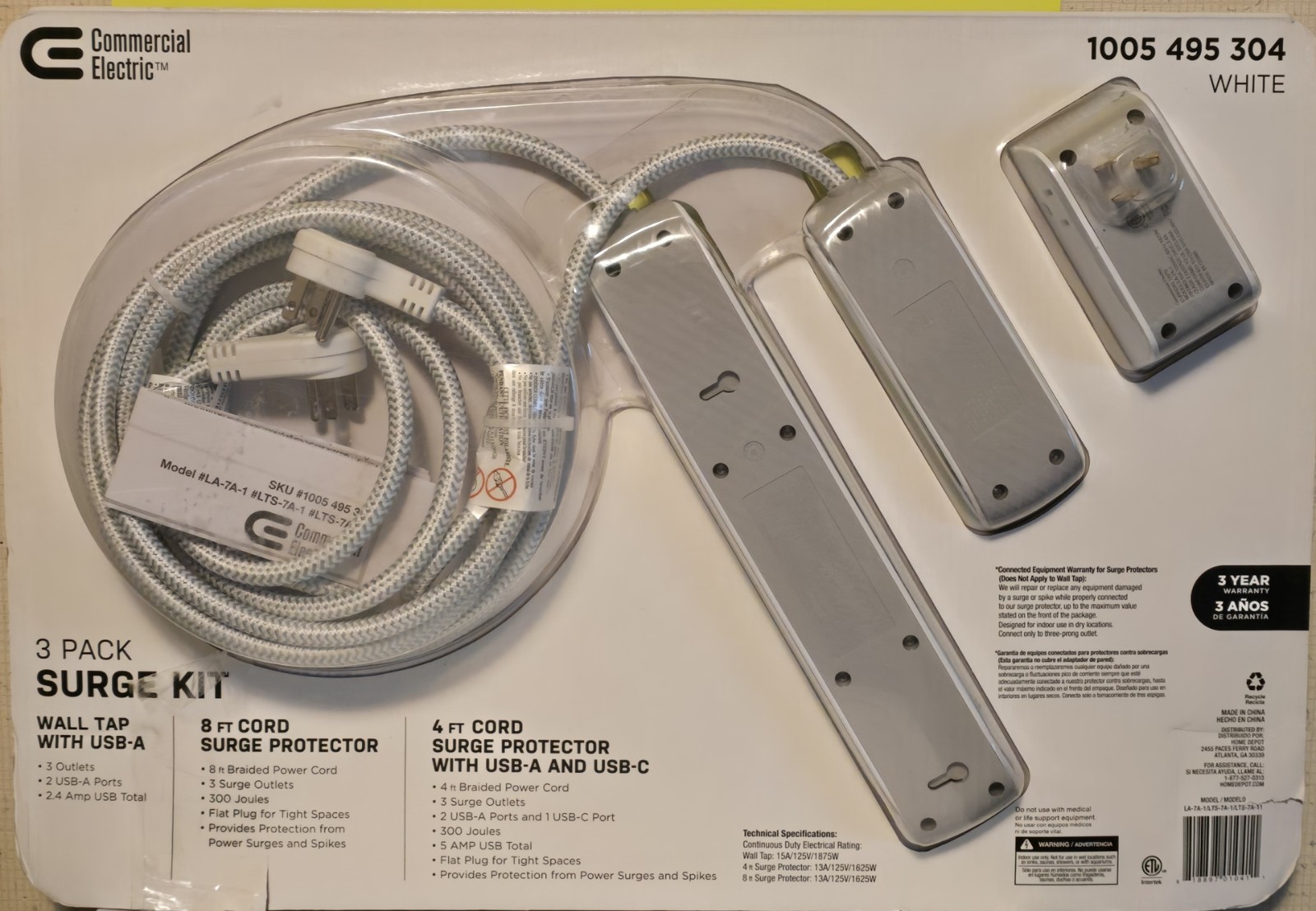 Commercial Electric 4' Multiple Outlet+Wall Mounted Surge Protector Set 3pcs NEW gallery