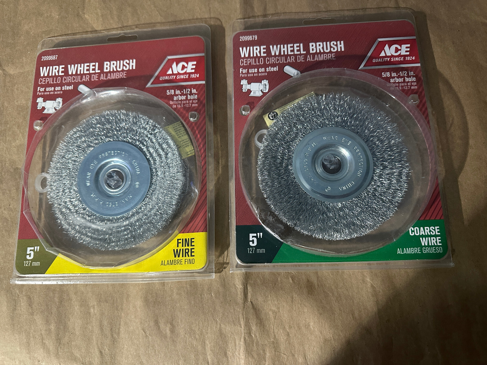 NEW ACE TOOLS 2 PIECE 5" WIRE WHEEL FINE & COARSE FOR A BENCH GRINDER FREE SHIP gallery