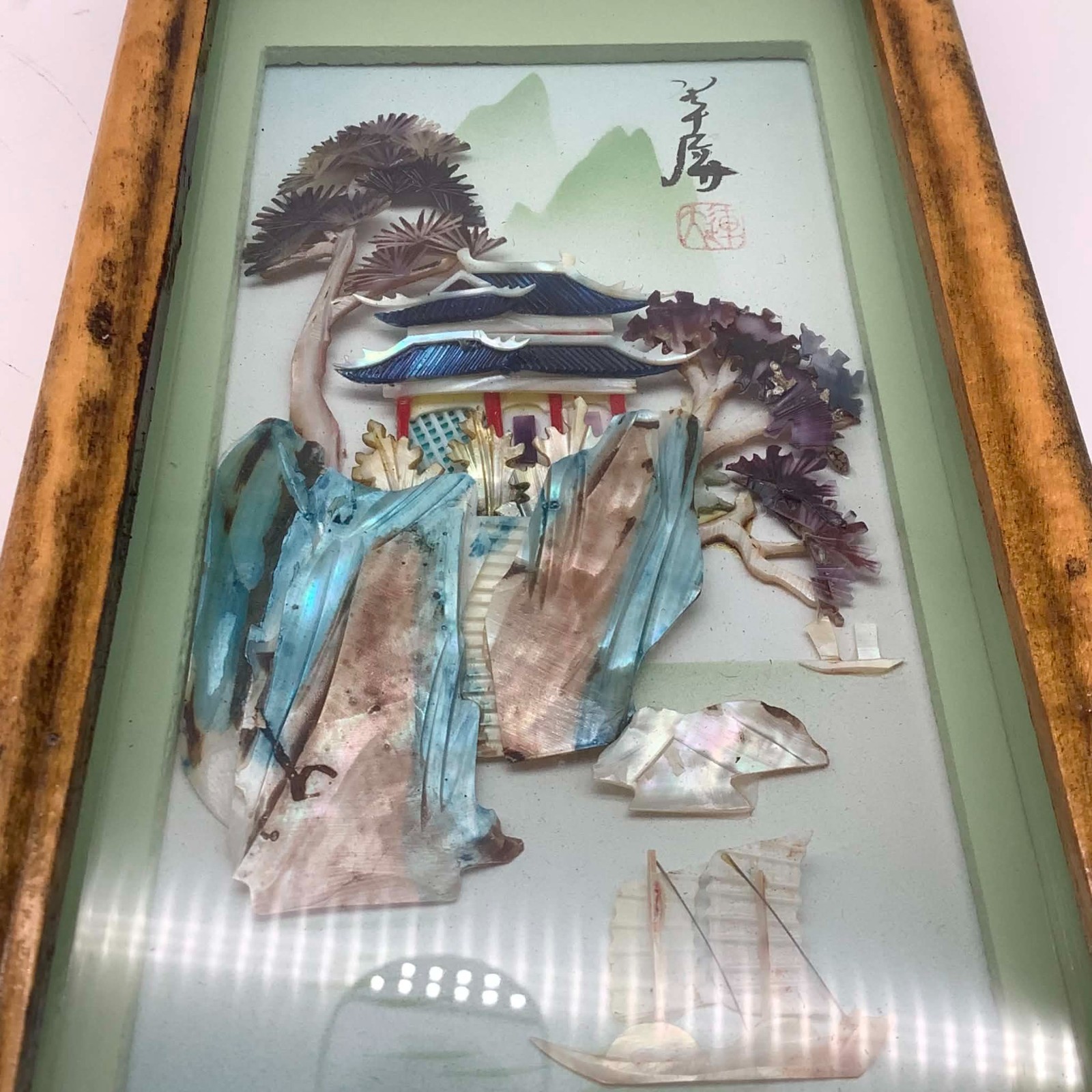 Vintage Chinese Shell Art Shadow Box Pagoda Landscape 3D Wall Decor 9" Brown gallery