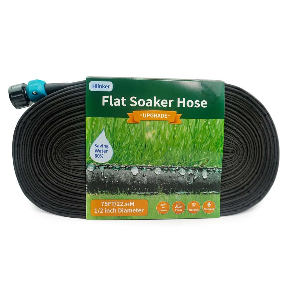 Soaker Hose 75 FT 1/2 Flat Heavy Duty Double Layer Drip Irrigation Hlinker Beds