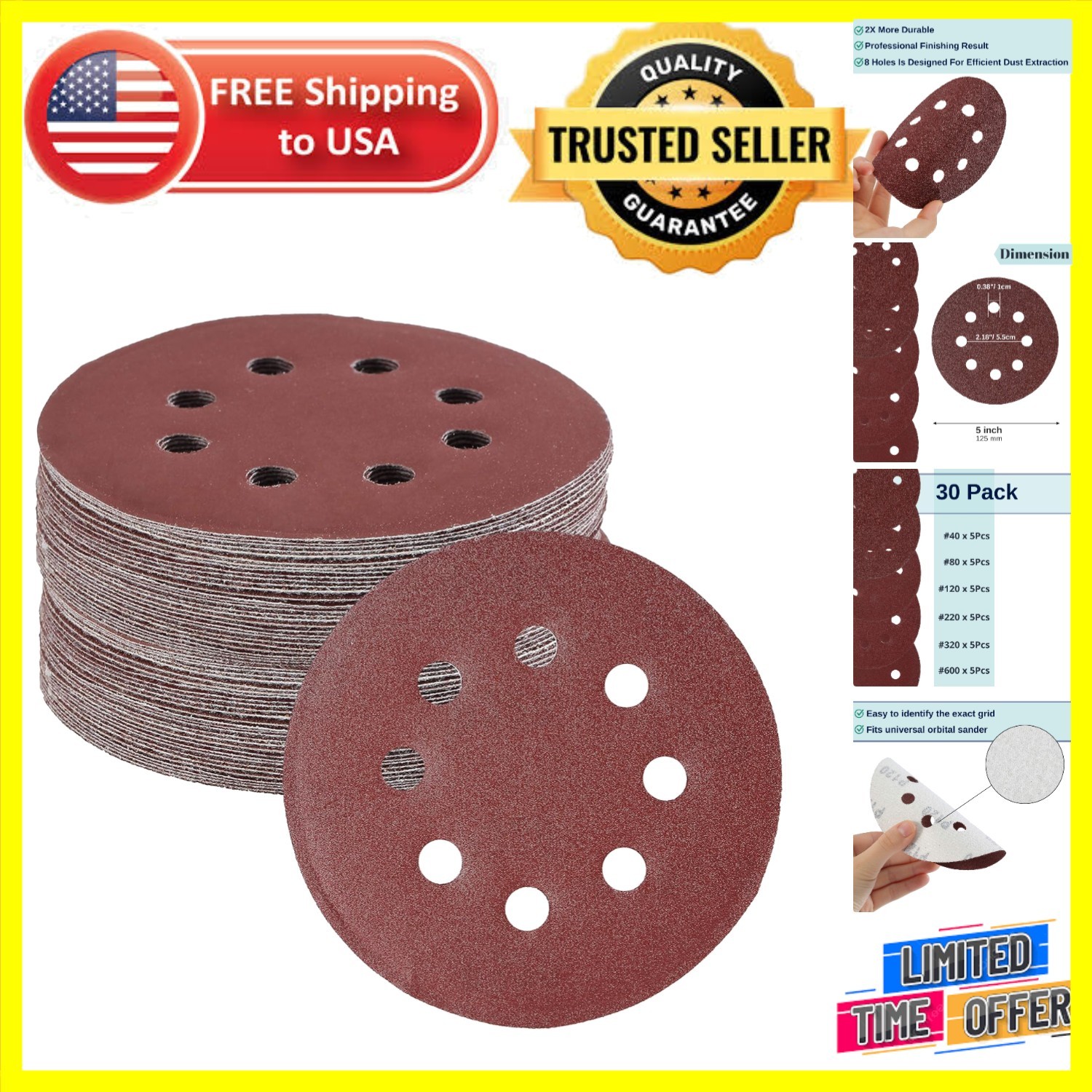Ultimate 30-Pack 5 Inch Sandpaper Discs - Perfect for Wood, Metal, and Plastic gallery