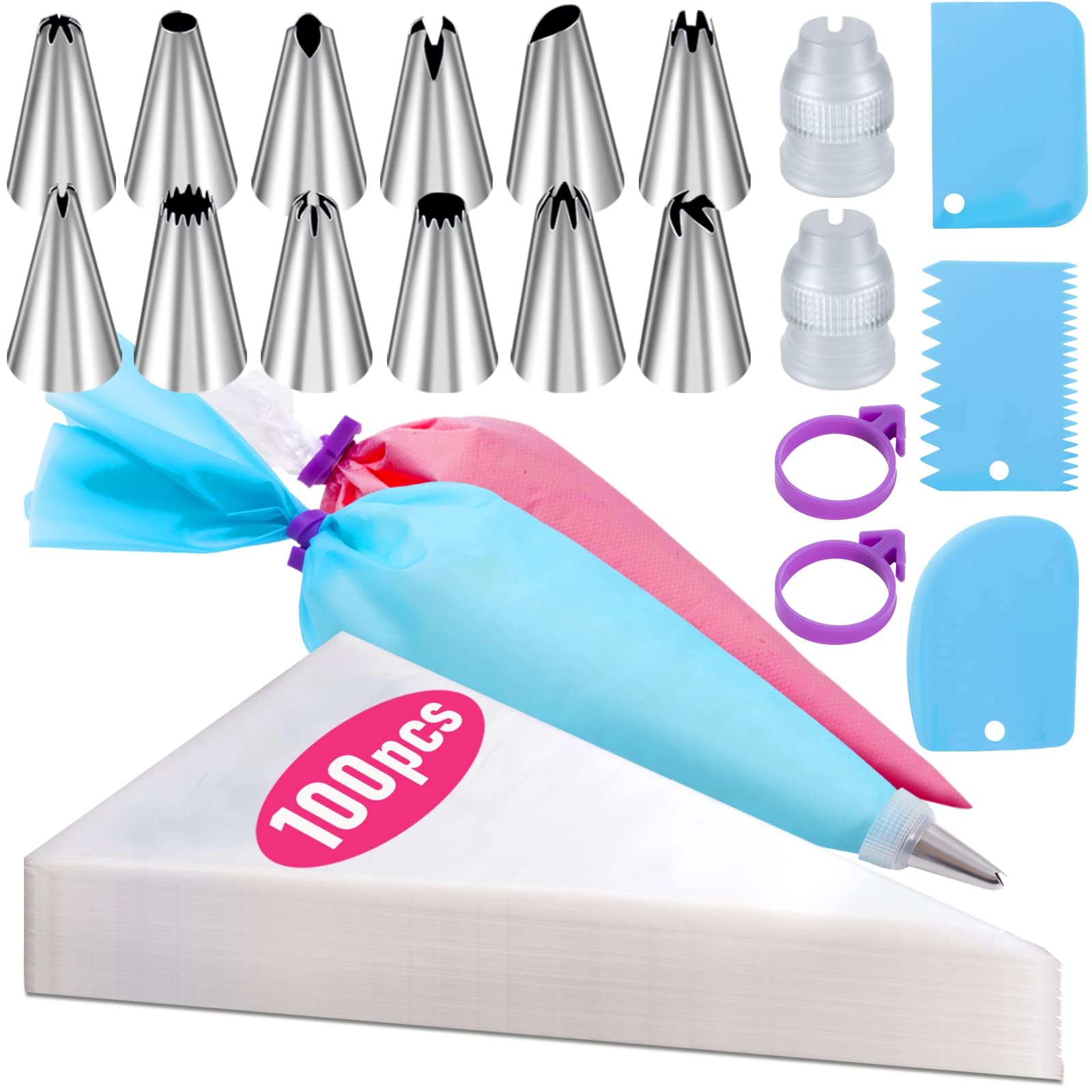 Piping Bags and Tips Set, 100Pcs 12 Inch 12 with Tips, Transparent gallery