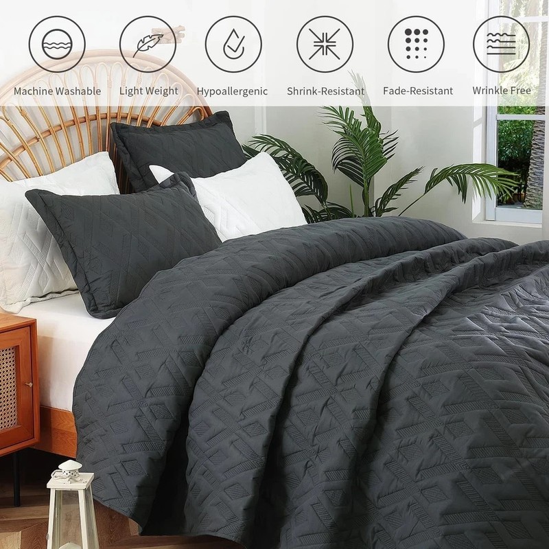3PCS Black Reversible Quilt Bedding Set Lightweight Bed All Seasons 96"x106 King gallery