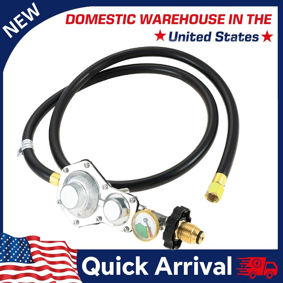 Two Stage Propane Regulator with 5FT Hose and Gauge Fits 5-100 lb Propane Tanks gallery