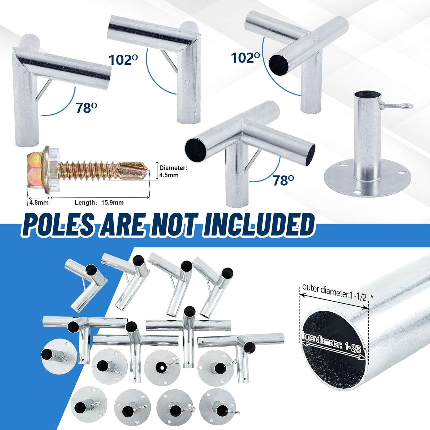 8-Leg Lean-To Canopy Fittings for under 1-3/8" Pipes, 16 Pcs Lean to Carport Fra gallery