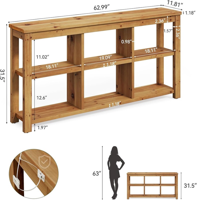 63'' Solid Wood Horizontal Bookcase, Rustic Long Bookshelf with 6 Cubes Storage gallery