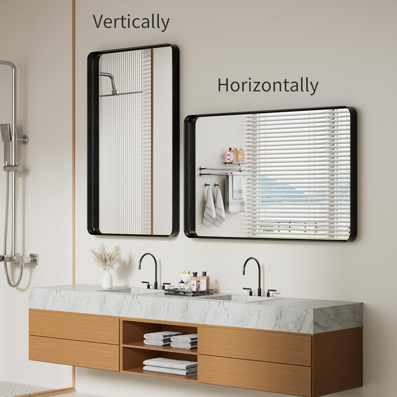 Matte Black 30x48 Inch Rounded Rectangle Wall Mirror for Bathroom & Living Room gallery
