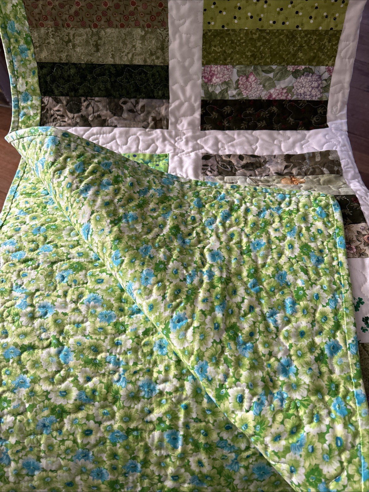 Custom Made Quilt Blue/Green Floral Print W/Patchwork On Reverse Side New gallery