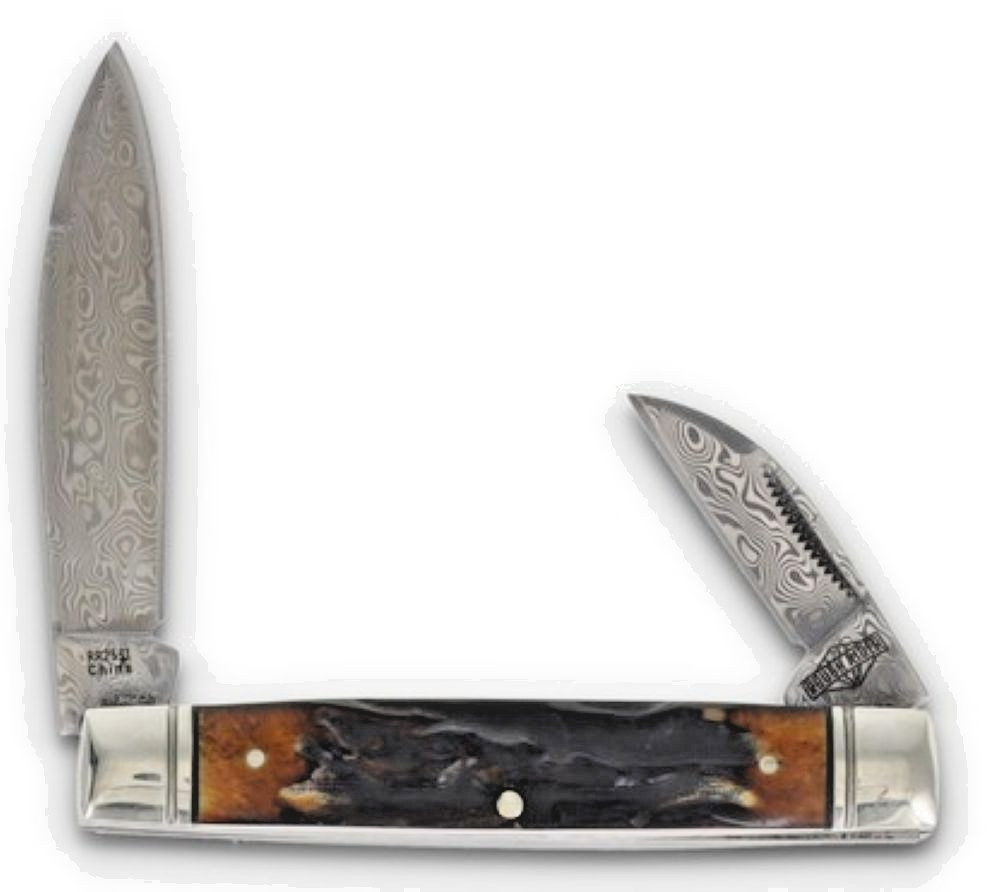 Cinnamon Stag Bone Handle Capitol Intern Damascus Blade Folding Pocket Knife gallery