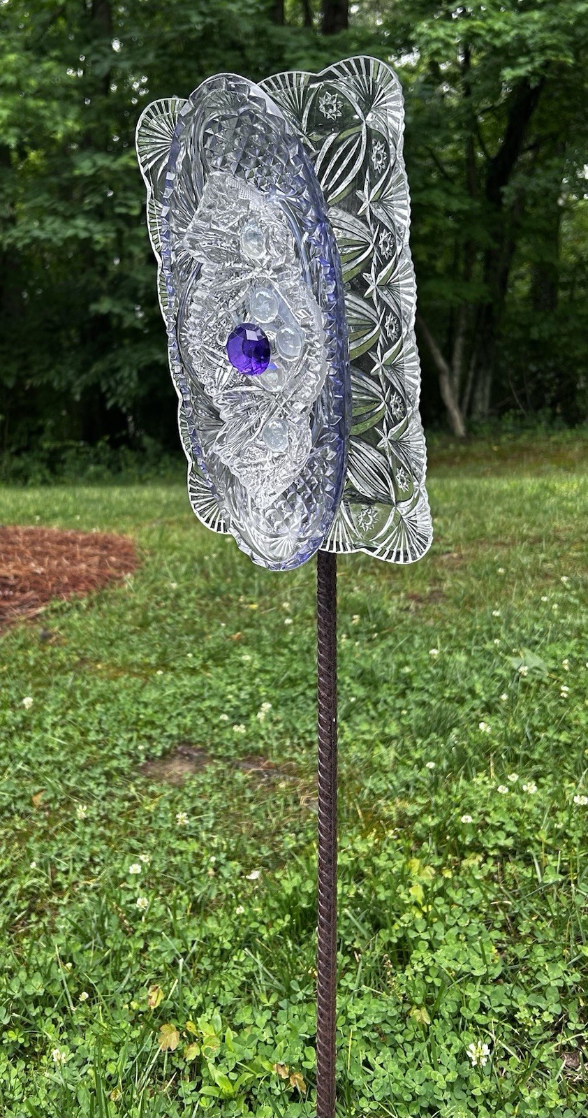 Purple Oval/Clear Rectangle Glass Garden Flower Repurposed Suncatcher Yard Art gallery