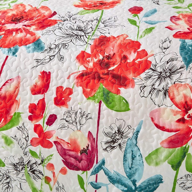 UOZZI BEDDING 3 Piece Queen Reversible Floral Quilt Set White Red Green Color... gallery