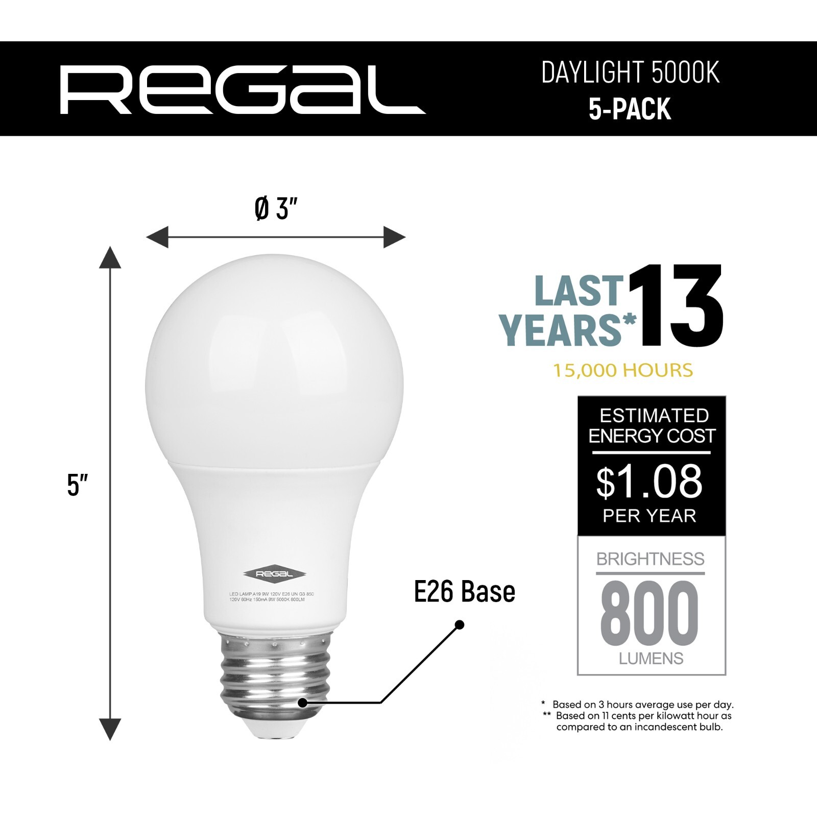 5 Pack Regal LED A19, E26 Light Bulbs Daylight 9W (60W Equivalent) 800 Lumens gallery