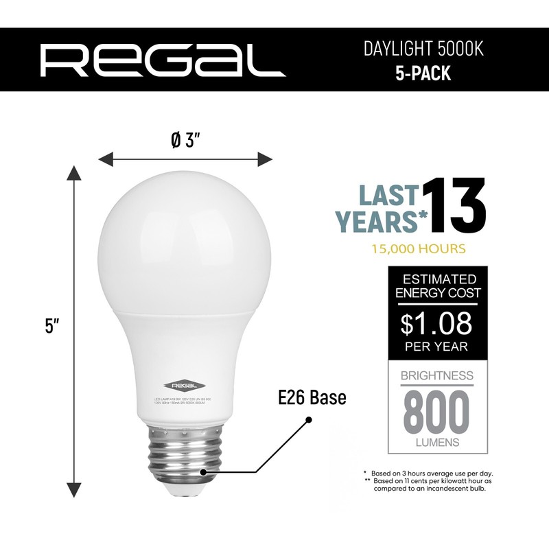 5 Pack Regal LED A19, E26 Light Bulbs Daylight 9W (60W Equivalent) 800 Lumens gallery