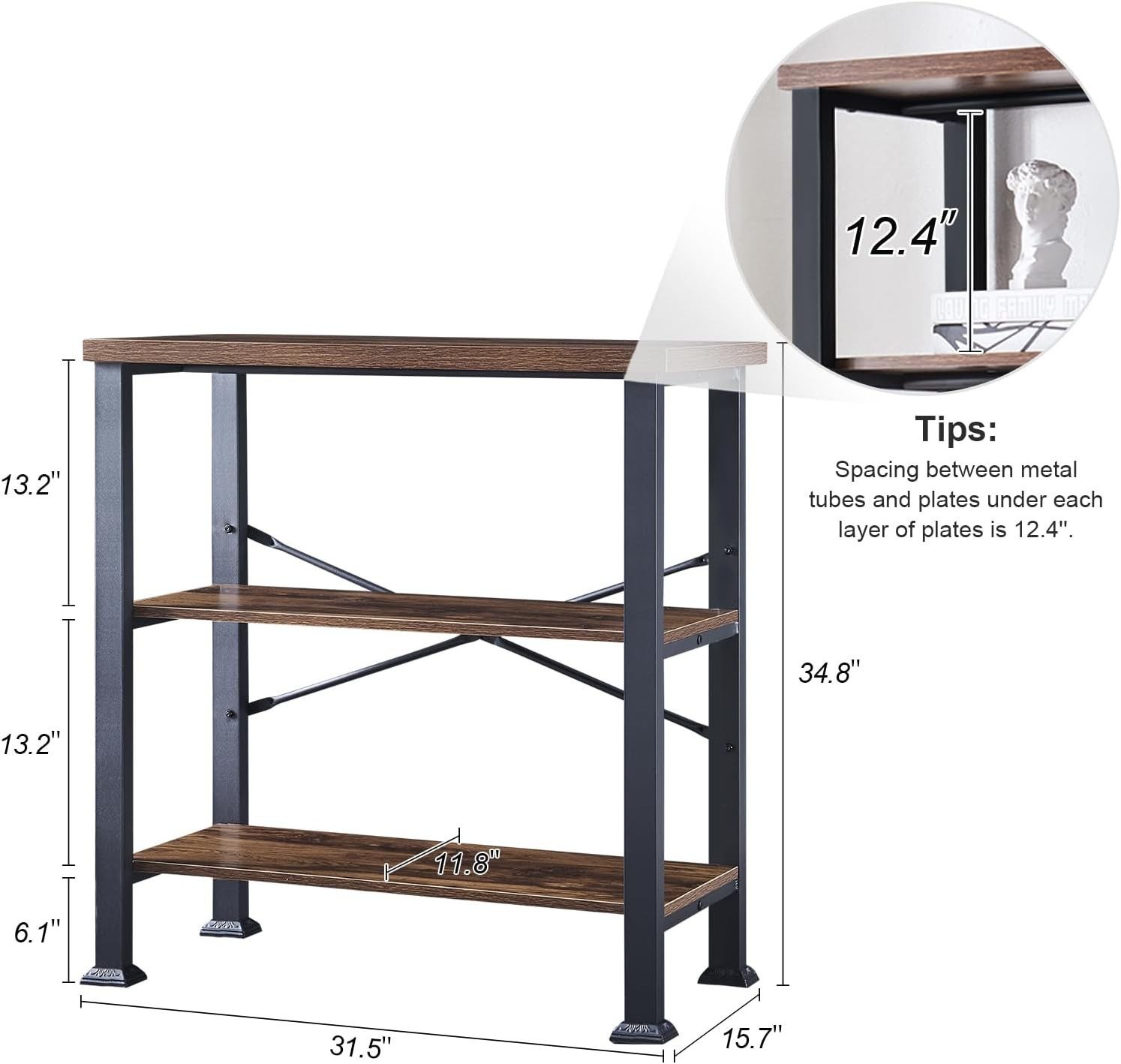 3 Tier Bookshelf Rustic Brown Industrial Book Shelf Engineered Wood & Metal Deep gallery