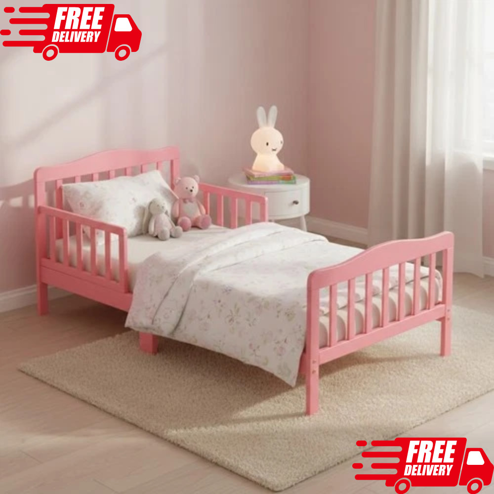 Classic Pink Toddler Bed Frame Solid Pine Wood Children's Bed w/ Rails for Girls