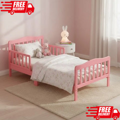 Classic Pink Toddler Bed Frame Solid Pine Wood Children’s Bed w/ Rails for Girls