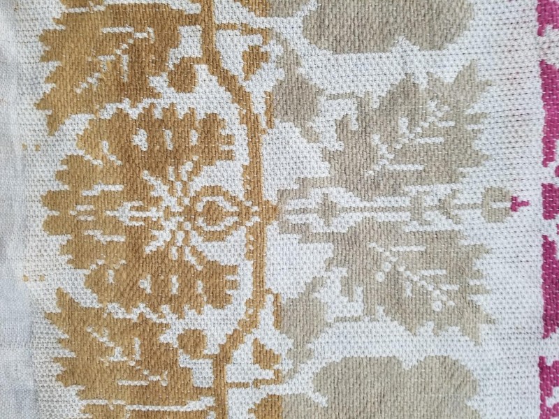 Antique American Reversible Jacquard Loomed Woolen Coverlet 84x77 inches gallery