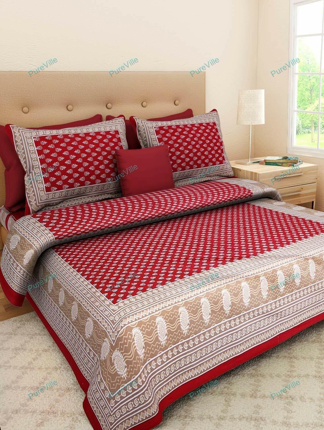Indian Floral Printed 3 Kaam Buti Red Double Bed Sheet With Two Pillow Cover gallery