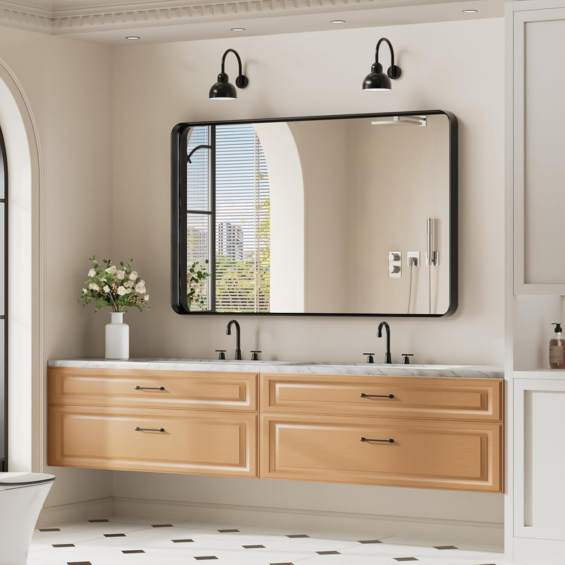 Matte Black 30x48 Inch Rounded Rectangle Wall Mirror for Bathroom & Living Room gallery