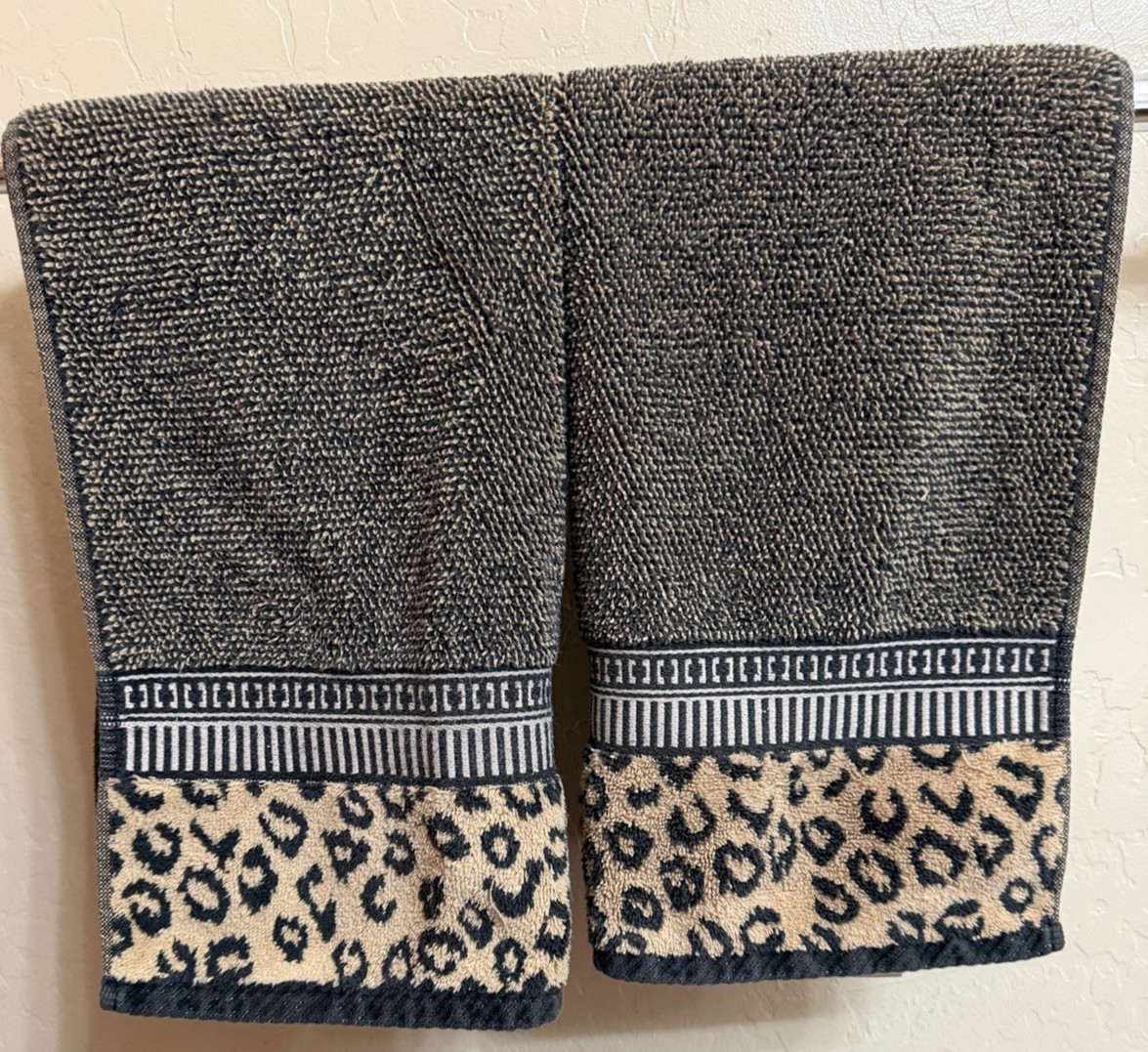 Vintage SpringMaid Leopard Print Detail Hand Towel Set 2 PCS Beige Black 14 X 26 gallery