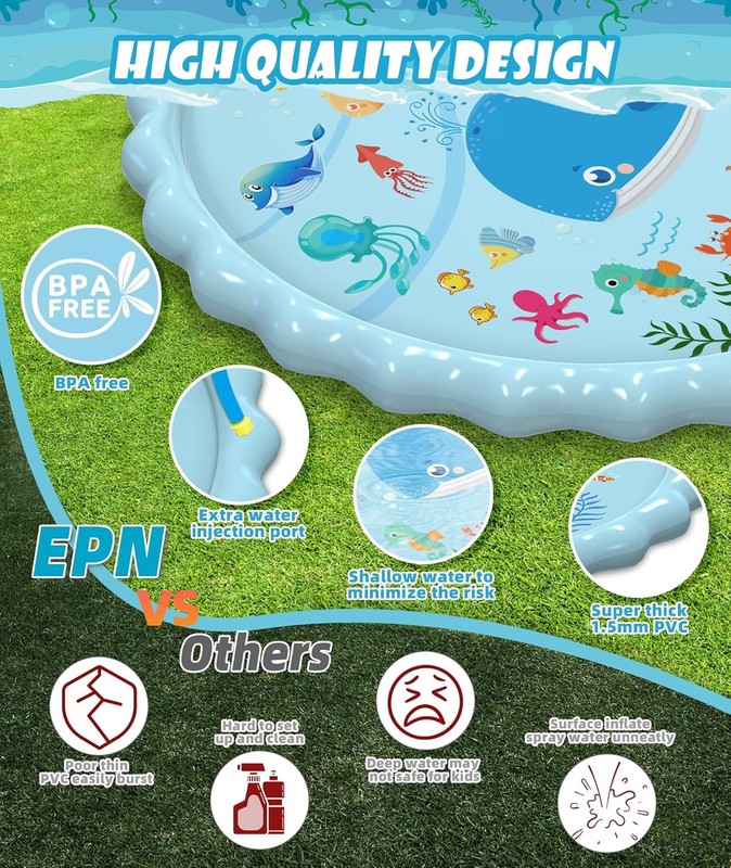102.3" EPN Splash Pad,Extra Large Sprinkler Play Mat Fun for Kids Outdoor NEW gallery