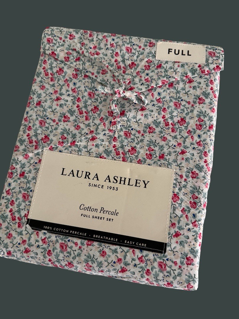 NIP Laura Ashley FULL Full Sheet Set 4 PCS 100% Cotton Percale Flowers Red Aqua gallery