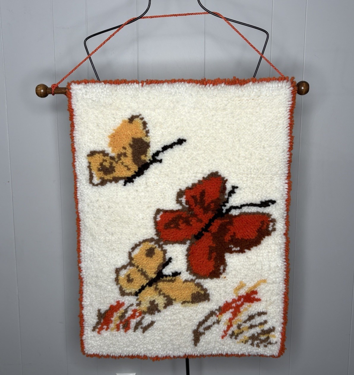 Vintage Retro Butterfly Latch Hook Wall Hanging Rug 1970s Orange Boho Hippie 27” gallery