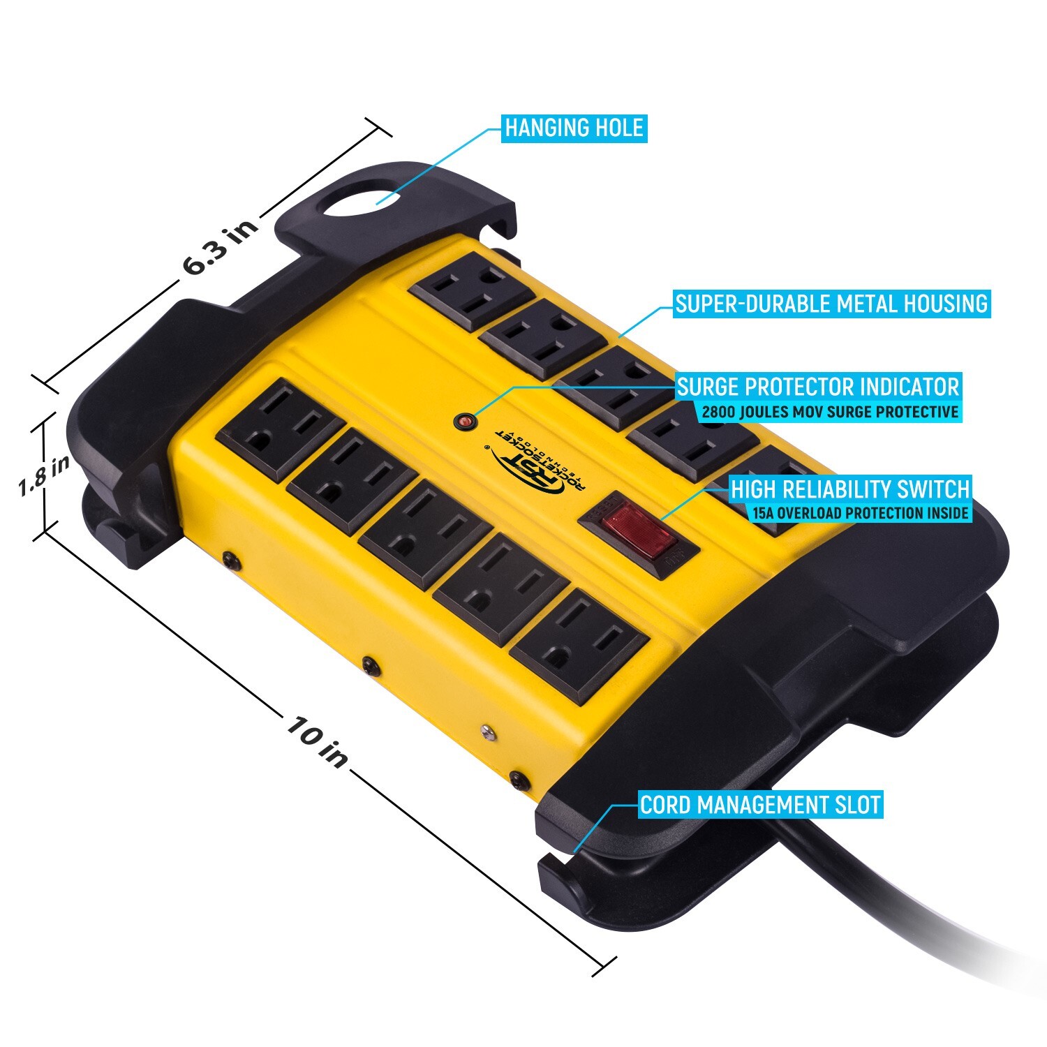 CRST 10-Outlets Heavy Duty Power Strip Metal 2800J Surge Protector 15 ft cord gallery