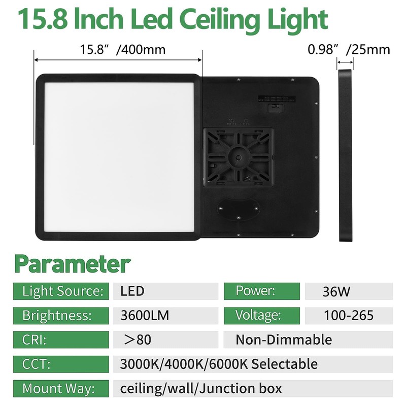 16 Inch Square LED Flush Mount Ceiling Light, 36W 3600LM, 3000K/4000K/6000K C... gallery