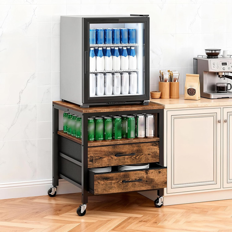 4-Tier Rolling Mini Fridge Stand with Drawers, Rustic Brown & Black gallery