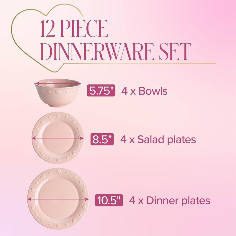 Ceramic Stoneware 12-Piece Dinnerware Set, Embossed Hearts. Iconic gallery