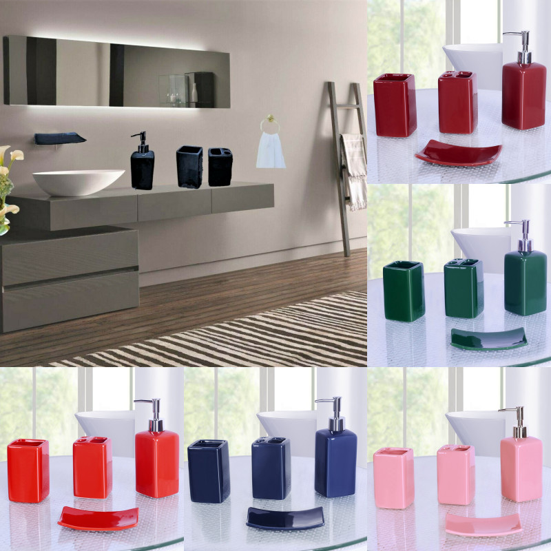 NEW 4PC BATHROOM SET BATH CERAMIC ACCESSORIES SOLID COLORS LUXURY DESIGN DECOR gallery