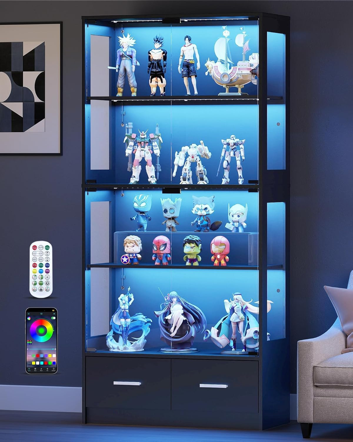 Display Cabinet with Glass Doors - 67" Curio Cabinet for Collectibles with RGB L gallery