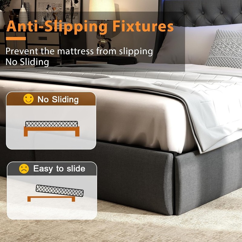 King Queen Full Size Bed Frame with Drawers & Charging & Headboard ＆ LED Lights gallery