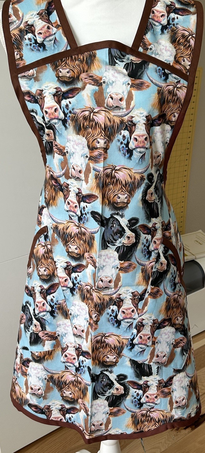 Handmade Bib Apron Highland Cows Print In Blues And Browns Waist 34” Fits 8-14 gallery