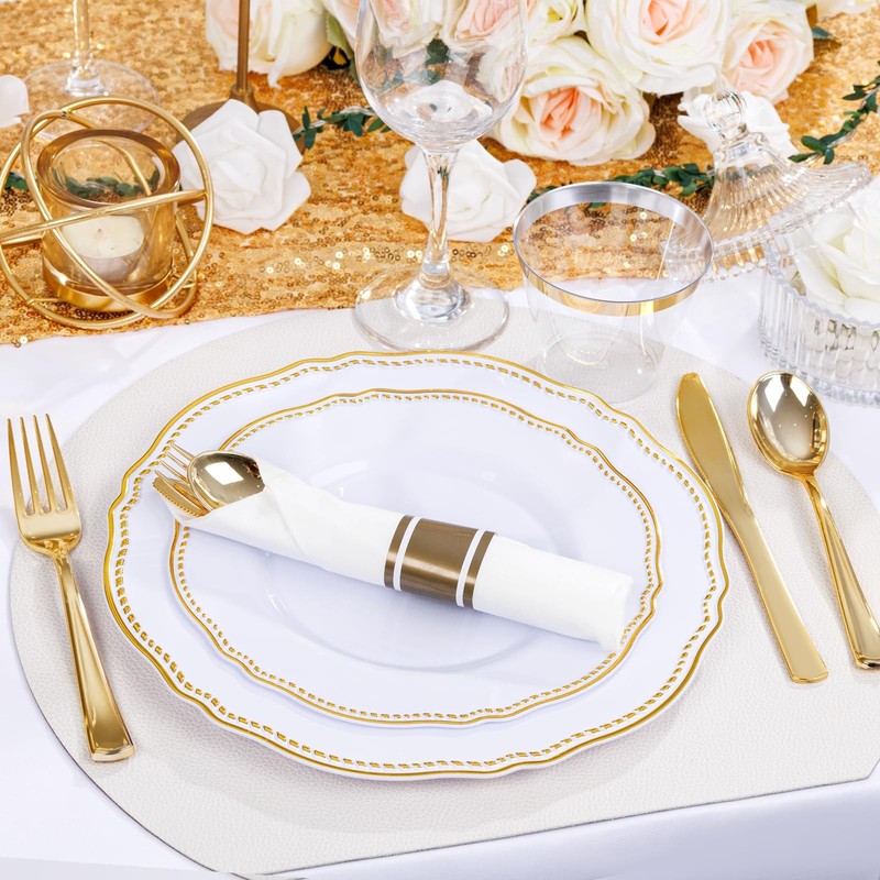 175 PCS White Gold Plastic Plate Set 25 Dinner Dessert Cups Napkin Wedding gallery