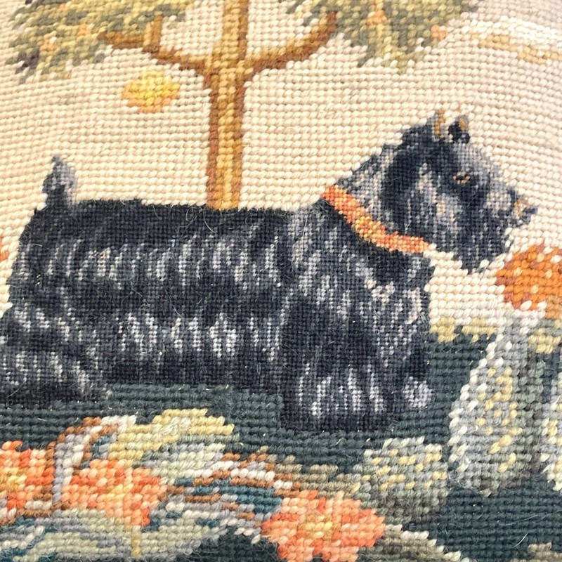 Vintage Needlepoint Throw Pillow Scottish Terrier Dog in Garden Velvet Back gallery