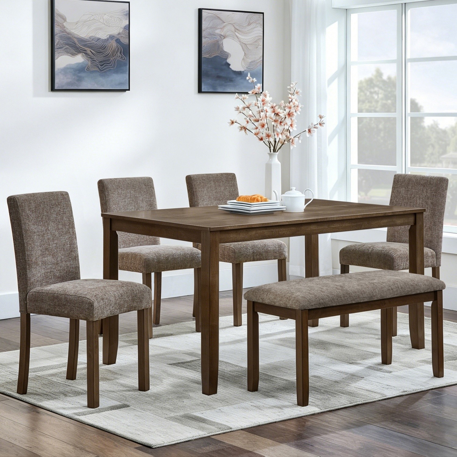 6-Piece Dining Table Set Wood Rectangular Rustic w/ 4 Upholstered Chairs & Bench gallery