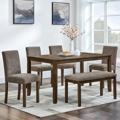 6-Piece Dining Table Set Wood Rectangular Rustic w/ 4 Upholstered Chairs & Bench