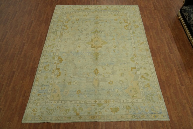 Transitional Oushak Turkish Area Rug 10x13 Ft Handmade Green Wool Carpet gallery