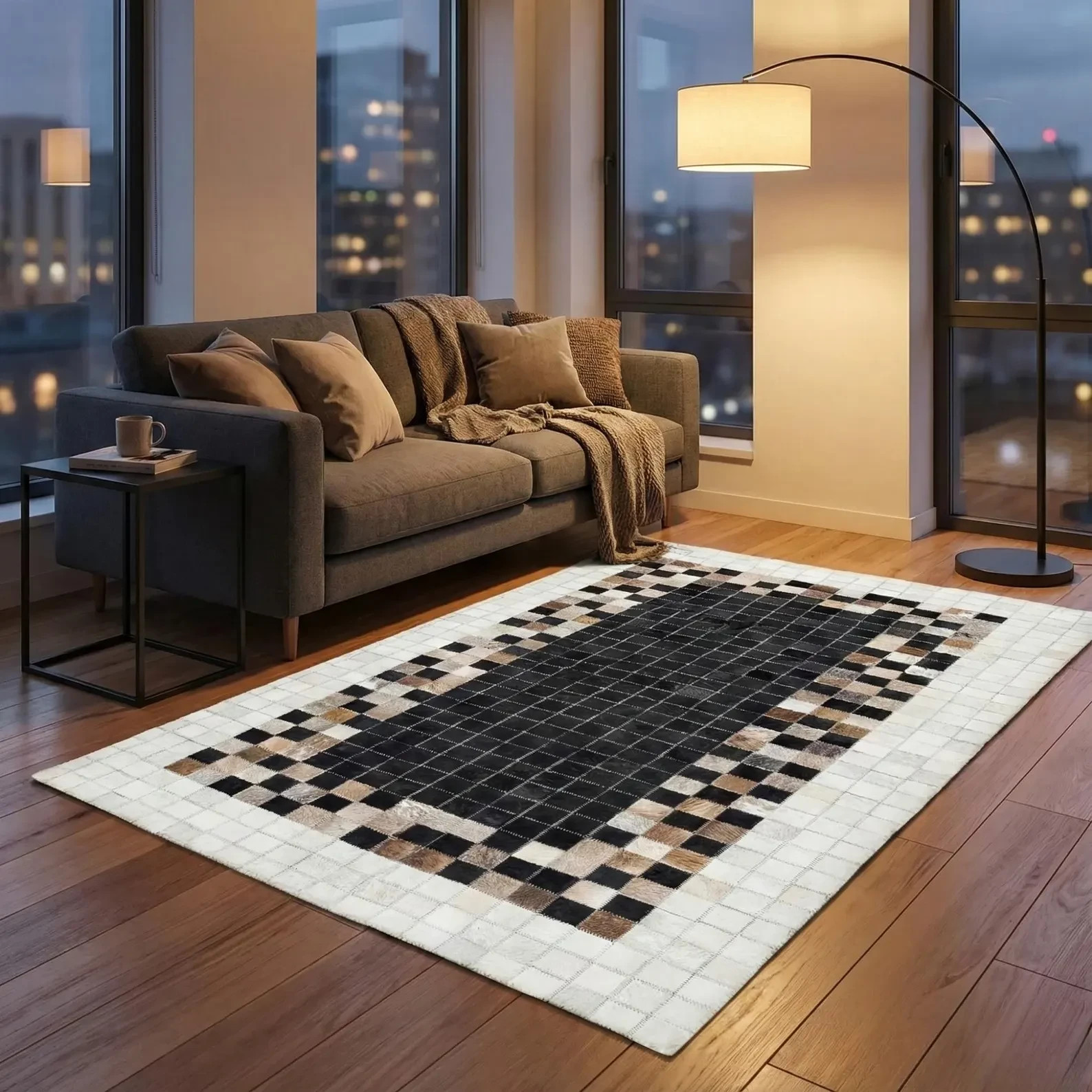 Handmade Cowhide Leather Patchwork Rug Black White Modern Area Rug Living Room gallery