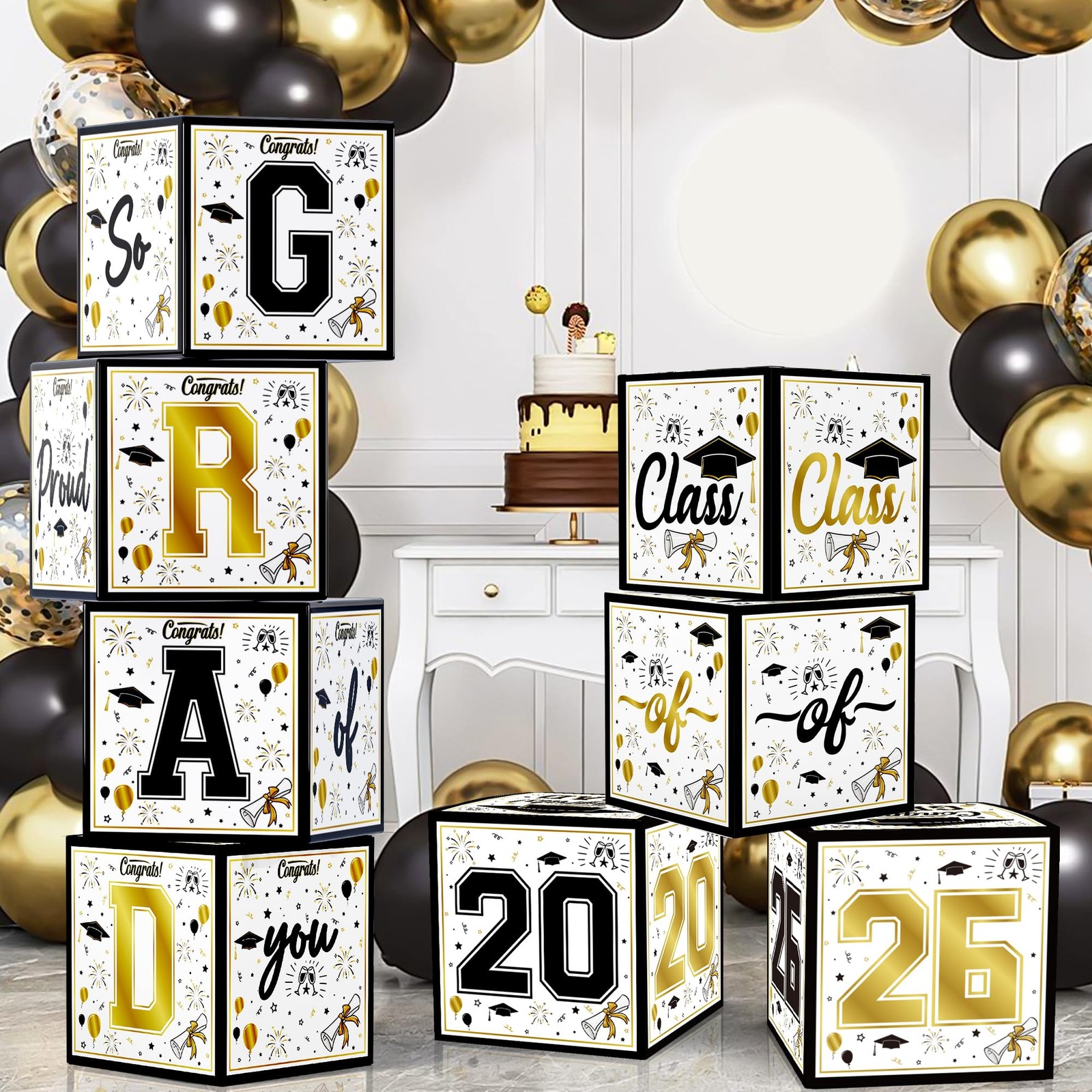 8 Pack Graduation Decorations 2026 - Black Gold Balloon Boxes for Class of 2026. gallery