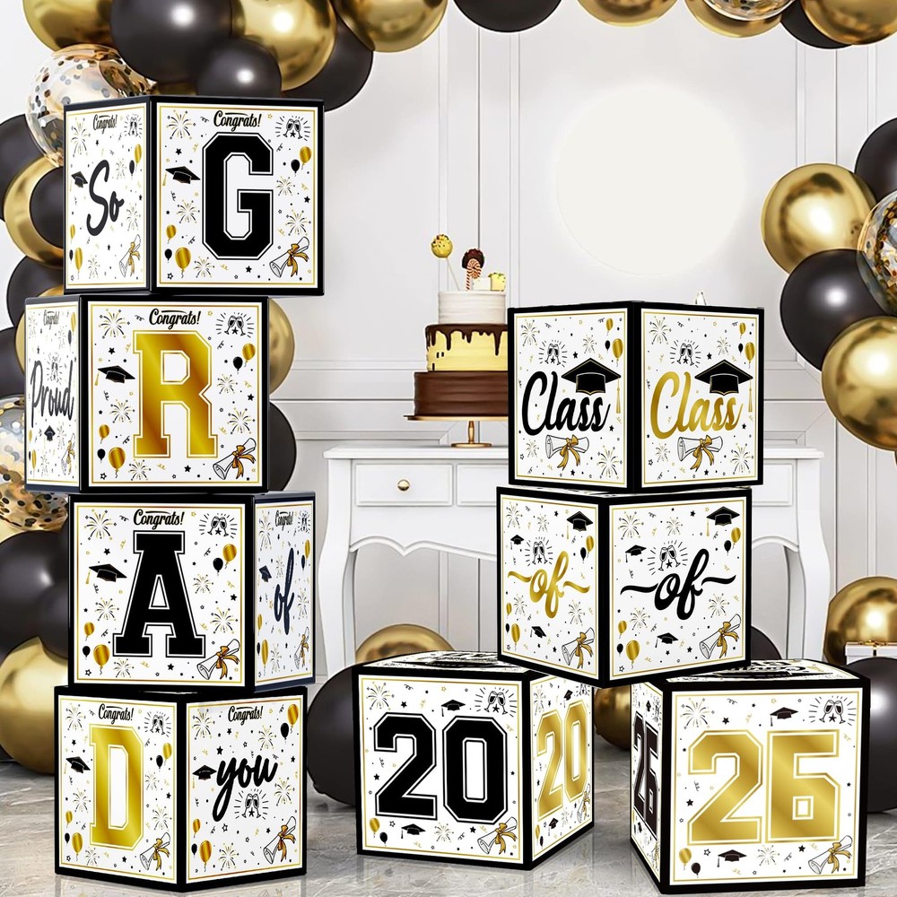 8 Pack Graduation Decorations 2026 - Black Gold Balloon Boxes for Class of 2026.
