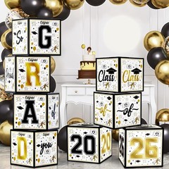 8 Pack Graduation Decorations 2026 – Black Gold Balloon Boxes for Class of 2026.