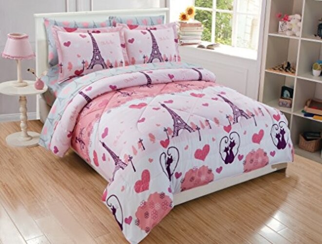 Linen Plus Comforter Set for Girls/Teens Paris Eiffel Tower Hearts Grey Queen gallery