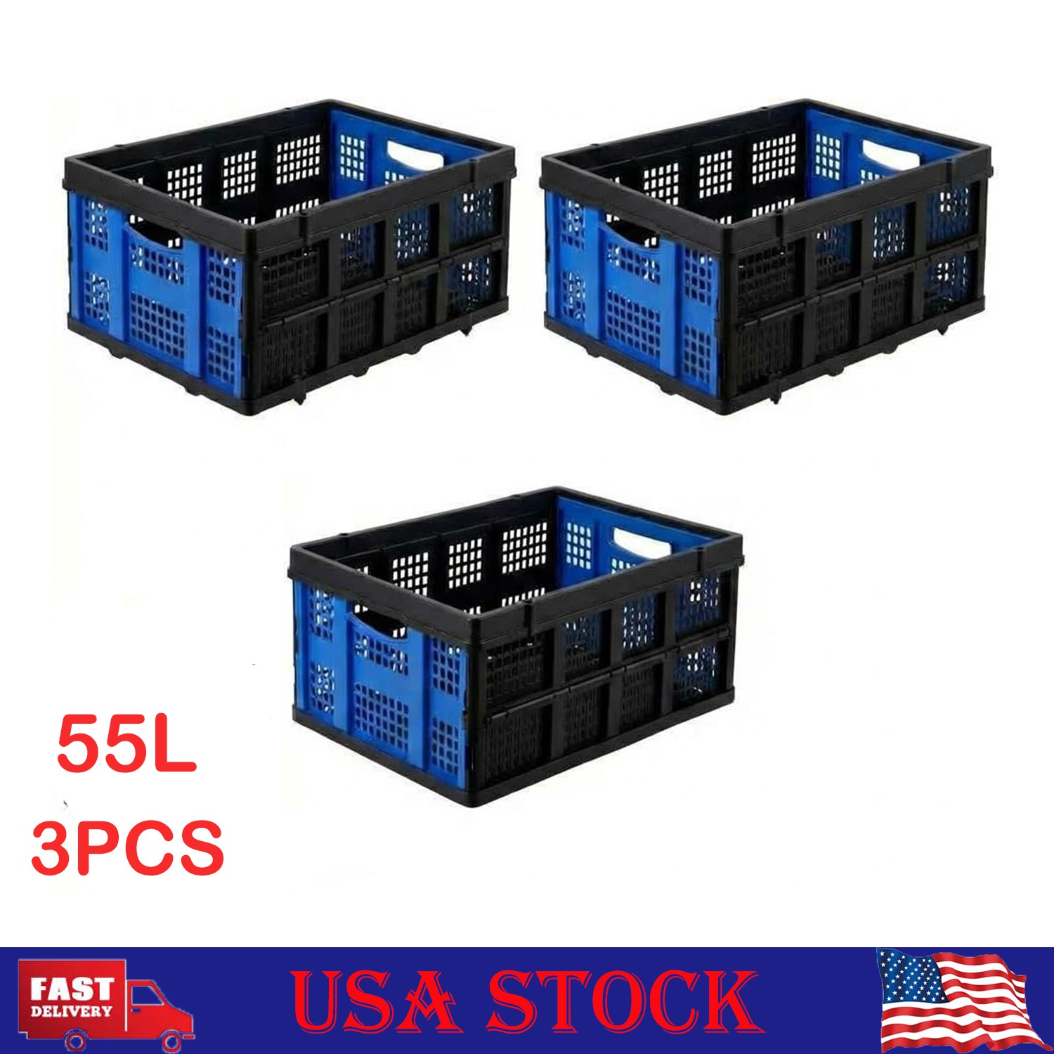 55LBS Plastic Collapsible Storage Crate Folding Milk Crate Bins 3-Pack gallery