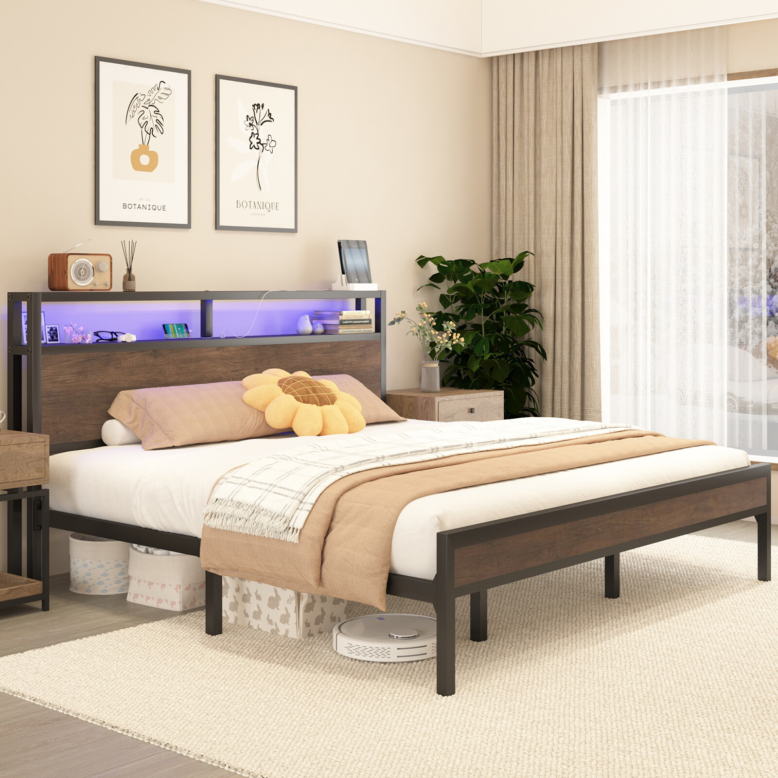 Full/Queen/King Size Bed Frame with LED Lights Headboard and 2-Tier Storage gallery